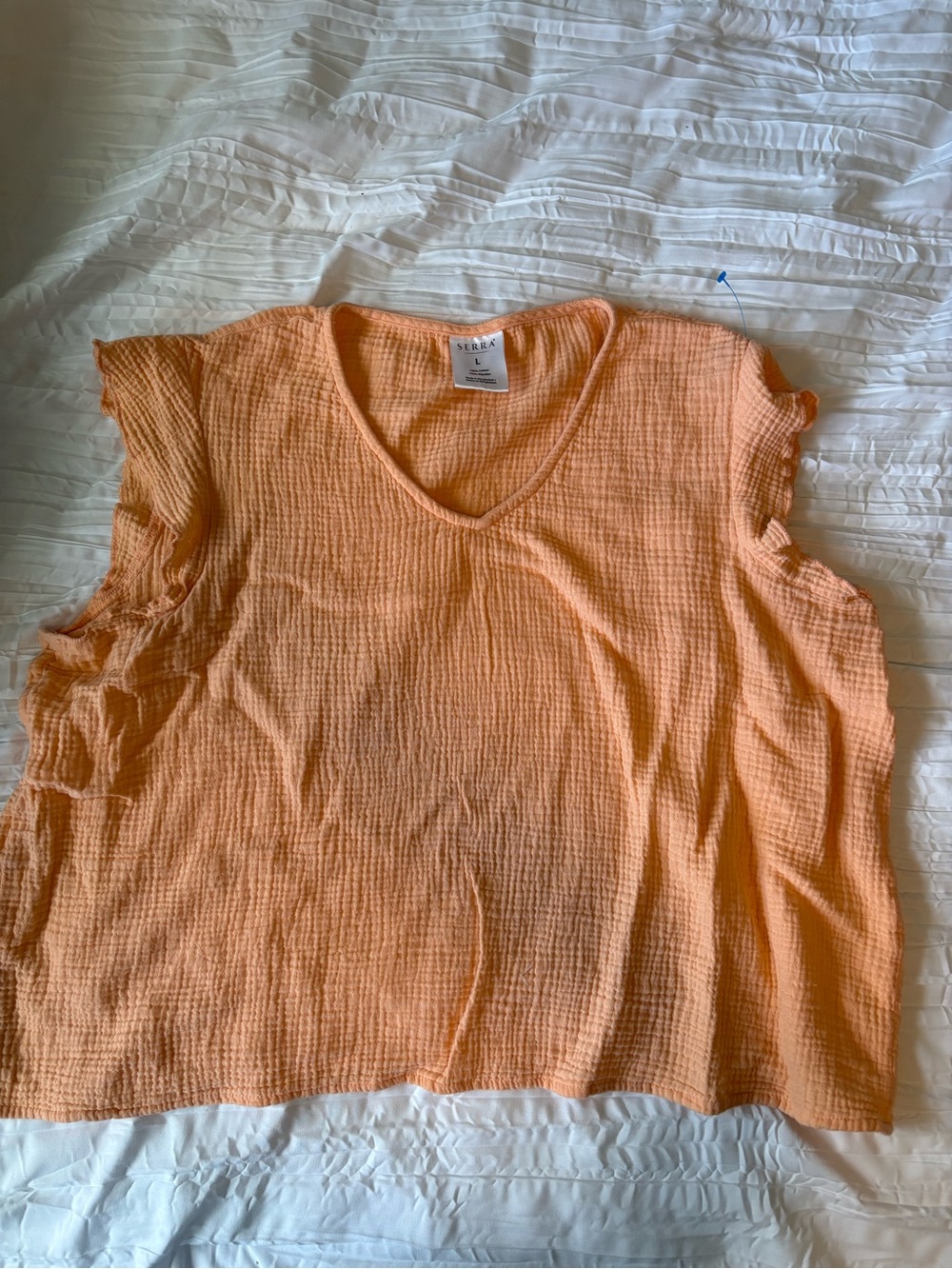 Serra Peach V-Neck Crinkle Cap-Sleeve Blouse